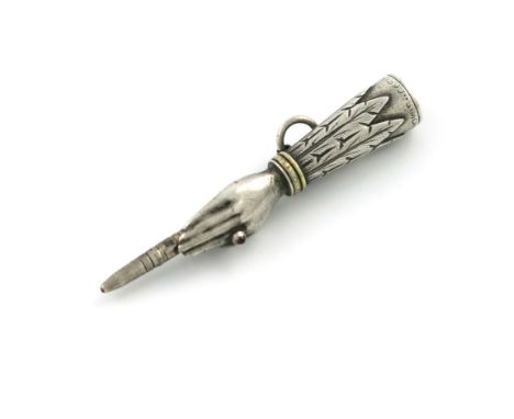 A Victorian novelty silver pencil, by S. Mordan, marked 'S. Mordan Aug 3, 1842, No. 1390', modelled as a hand a sleeve, taper