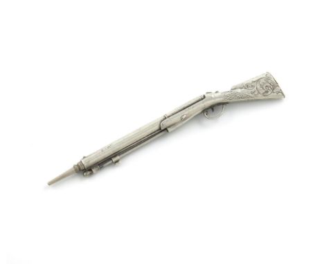 A Victorian novelty silver pencil, marked 'G. Wheeler Nov. 9th 1840, no. 454', modelled as a rifle, the butt with engraved de