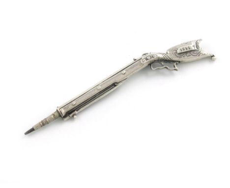 A Victorian novelty silver pencil, unmarked, the butt engraved '1844', modelled as a rifle, the butt with engraved decoration