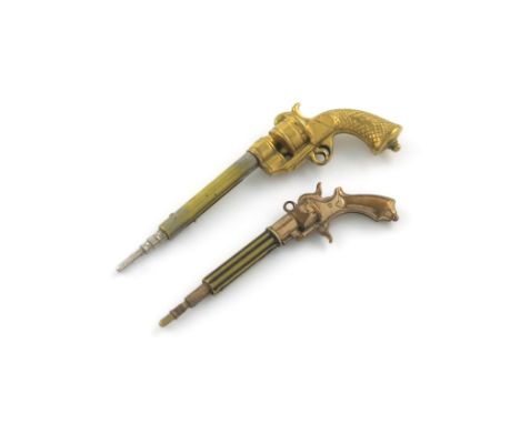 Two 19th century gilt-metal novelty pencils, unmarked, probably American, modelled as revolvers, length closed 6cm and 4.8cm.