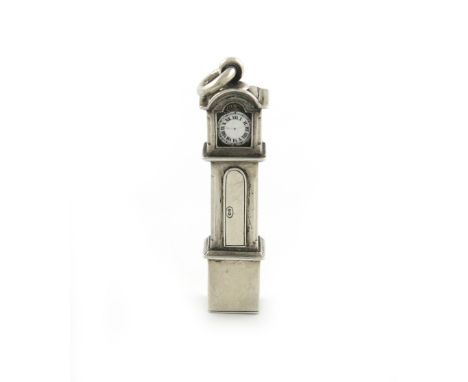 A Victorian novelty silver pencil, by S. Mordan and Co., circa 1880, modelled as a long case clock, enamelled dial and with a