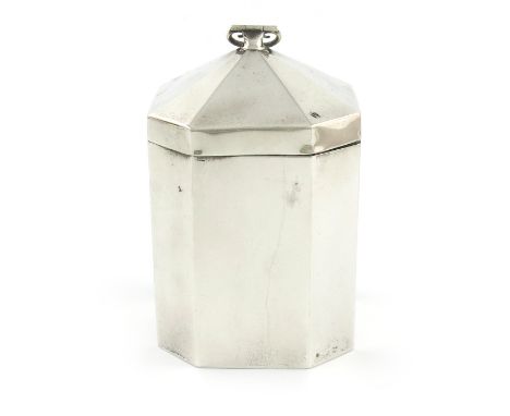 An Edwardian silver tea caddy, by A and J Zimmerman, Birmingham 1908. upright rectangular form, canted corners, panelled hing