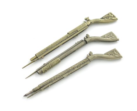 Three Victorian electroplated novelty pencils / toothpicks, one marked ' Josh. Baker, No.1186 4 April 1842, modelled as rifle