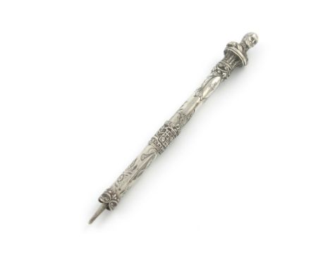 A Victorian commemorative silver pencil, marked with a registration lozenge for 1852, cylindrical form, engraved decoration, 