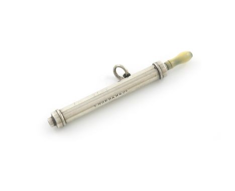 λA rare Victorian novelty silver and ivory pencil, by S. Mordan and Co, modelled as a garden sprayer, turned ivory handle, wi