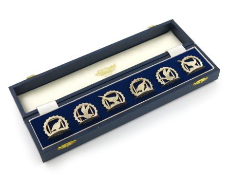 A set of six modern silver menu card holders, by J.A. Campbell, London 1986, modelled as various game birds, on circular base