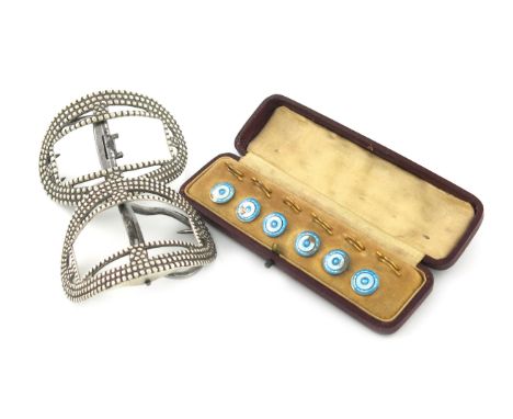 A set of six silver and enamel dress studs, by Charles Horner, Chester 1912, circular form, with blue enamel decoration, some