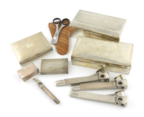A mixed lot of silver items, various dates and makers, comprising: three cigarette boxes, two snuff boxes, three cigar cutter