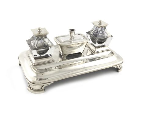 A Victorian silver inkstand, by The Barnards, London 1843, rounded rectangular form, the centre with a sarcophagus shaped box