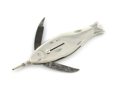 A Victorian novelty silver pencil, file, whistle and penknife, by Thornhill, London 1879, modelled as a fish, plain form, len