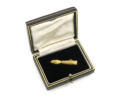 A Victorian novelty gold pencil, by S. Mordan, marked 'S. Mordan Aug 3, 1842, No. 1390', modelled as a hand a sleeve, taperin