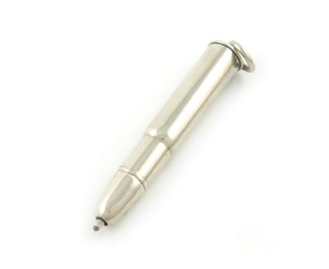 A novelty silver pencil, marked Sterling, modelled as a rifle cartridge and bullet, with a ring attachment, length closed 8cm