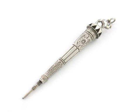 A silver pencil, unmarked, tapering circular form, embossed decoration, pierced terminal mounted with a standing camel, with 