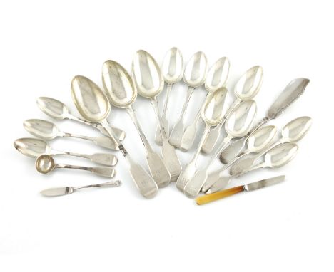 λA mixed lot of silver flatware, comprising: a set of six Fiddle pattern dessert spoons and three tablespoons, by Charles Ele