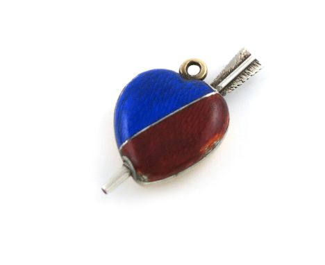 A Victorian novelty silver and enamel pencil, unmarked, plain heart form,  with red and blue enamel decoration, and pierced w