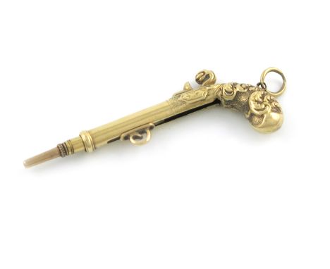 An early-Victorian novelty gold pencil, by S. Mordan, circa 1840, modelled as a pistol, the butt with feather scroll decorati