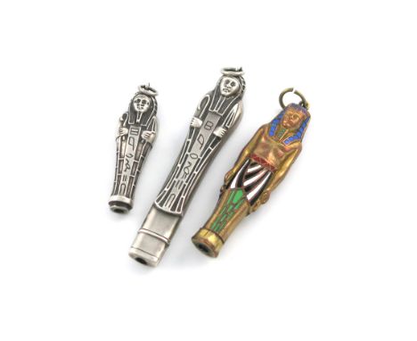 A 19th century novelty silver pencil, unmarked, modelled as an Egyptian mummy, with a ring attachment, length 6.5cm, plus ano