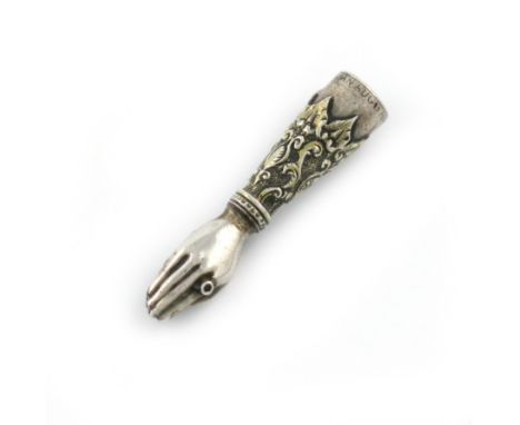 A Victorian novelty silver toothpick, by S. Mordan, marked 'S. Mordan Aug 3, 1842, No. 1390', modelled as a hand a sleeve, ta