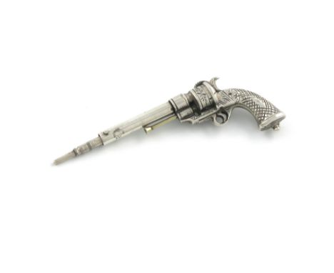 A 19th century novelty silver pencil, unmarked, probably American, modelled as a revolver, textured grip, length closed 5.8cm