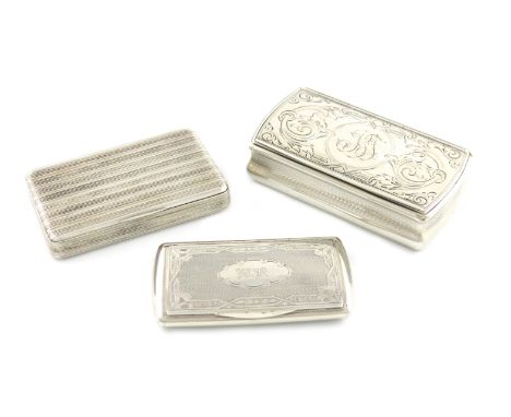 A small collection of three continental silver snuff boxes, comprising a Swedish one, with reeded decoration, interior gilded