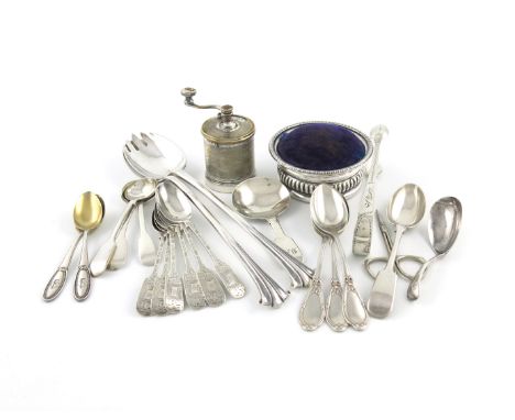 A mixed lot, comprising silver items: a pair of Onslow pattern salad servers, by Walker and Hall, Sheffield 1926, two caddy s