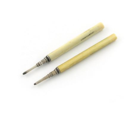 λTwo Victorian silver and ivory pencils, by S. Mordan and Co. cylindrical turned ivory bodies, length closed 6cm and 6.2cm. (