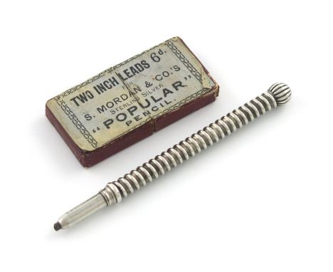 A silver 'Popular' pencil, by S. Mordan and Co., swirl fluted form, fluted finial, length 9.5cm, with a box of 'Popular' penc