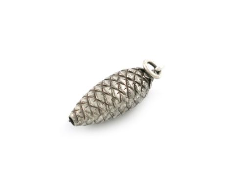A Victorian novelty silver pencil, unmarked, modelled as a pine cone, with a ring attachment, length 3cm. Provenance: The KB 