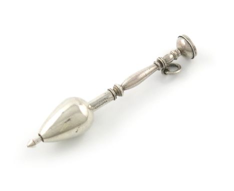 A novelty silver pencil, retailed by Hamilton and Co., Calcutta, modelled as a lace bobbin, with a ring attachment, length 7.