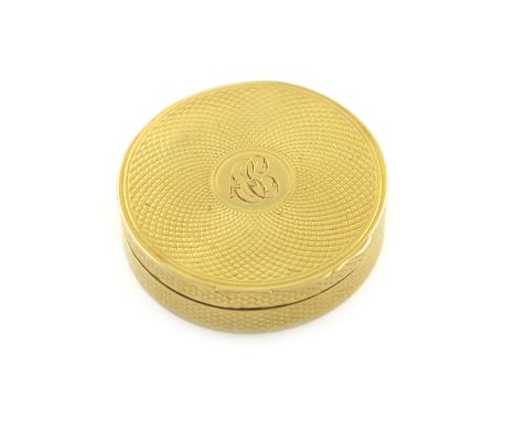 A 19th century gold vinaigrette, unmarked, circular form, engine-turned decoration, the hinged cover pierced with birds, an u