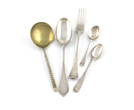 A mixed lot of silver flatware, comprising:  a 19th century Dutch silver-gilt spoon, with pseudo marks for Louis de Haan, Rot