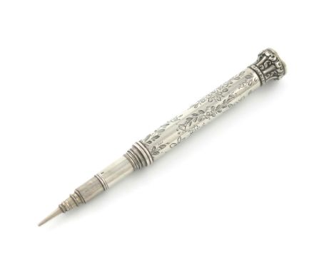 A large Victorian silver combination pen and pencil, unmarked, cylindrical form, engraved decoration, the large seal-top fini