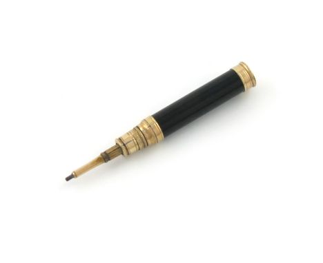 A Victorian novelty gilt-metal mounted pencil, unmarked, modelled as a telescope, length open 9cm. Provenance: The KB Collect