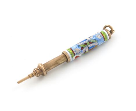 A Victorian novelty gold and enamel pencil, unmarked, probably by Thornhill, cylindrical form, enamelled with the King of Hea