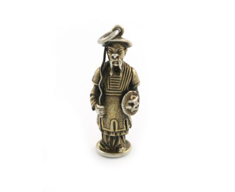 A rare Victorian novelty silver-gilt figural pencil, by S. Mordan and Co. modelled as a standing Chinese warrior holding a sw