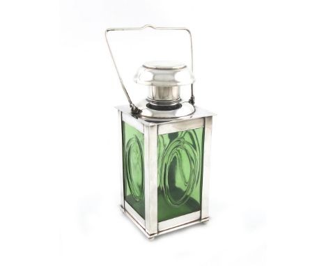 A continental electroplated novelty cocktail shaker / decanter, marked monsterskydd sokt, modelled as a lantern, swing-handle