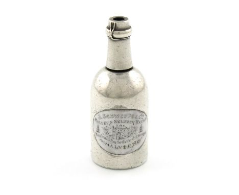 A Victorian novelty silver and enamel pencil, unmarked, modelled as a J. Schweppes and Co., Malvern Seltzer water bottle,  th