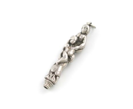 A novelty silver figural pencil, unmarked, modelled as three inter-twined figures, with a ring attachment, length closed 6.8c