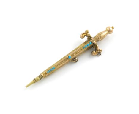 A Victorian novelty gold pencil, unmarked, modelled as a dagger, engraved decoration and set with turquoise, length closed 6.