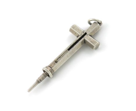 A Victorian novelty silver pencil, by S. Mordan and Co, modelled as a cross, engine-turned decoration, with a ring attachment