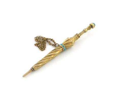 A Victorian novelty gold pencil, marked with a registration lozenge for 1844, modelled as a closed umbrella, set with turquoi