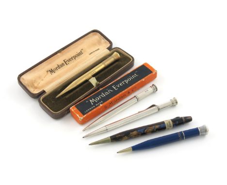 A small collection of five Mordan 'Everpoint' pencils, comprising: a 9-carat gold one, London 1926, in a fitted case, length 