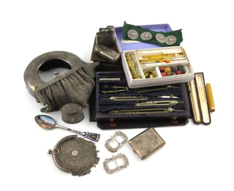 A mixed lot, comprising silver items: a Dunhill lighter, London 1934, plain form, a mesh bag and unmarked mesh purse, a clock