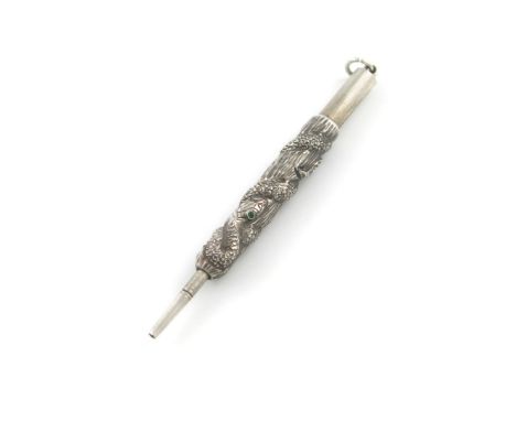 An American novelty silver pencil, marked sterling, cylindrical form, modelled as a snake entwined around a wooden branch, wi