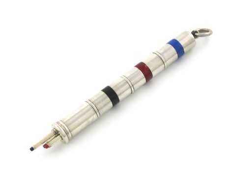 A Victorian silver and enamel three-colour pencil, by S. Mordan and Co., no.50, circa 1900, cylindrical form, with black, blu