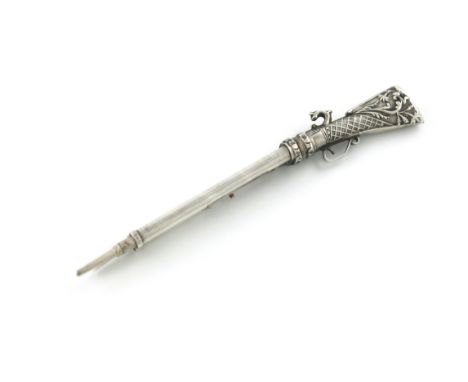 A Victorian novelty silver pencil / toothpick, unmarked, modelled as a rifle, the butt with embossed decoration, length close