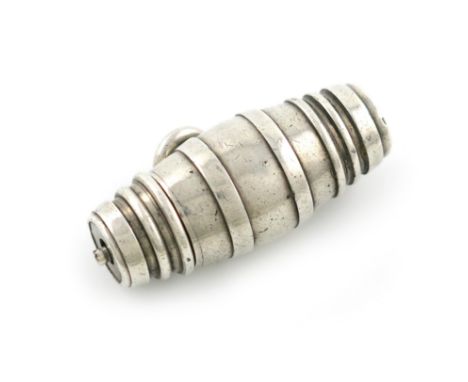 A Victorian novelty silver pencil, by S. Mordan and Co, modelled as a barrel, with a ring attachment, length 3.5cm. Provenanc