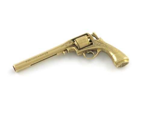 A Victorian novelty gold pencil, by S. Mordan and Co., with a diamond registration mark for 8 March 1855, modelled as a revol
