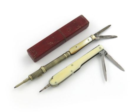 λA Victorian electroplated and mother-of-pearl pencil and penknife, unmarked, engine-turned decoration, the knife with two bl