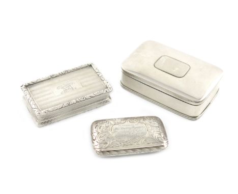 A small collection of three antique silver snuff boxes, comprising: one by Edward Smith, Birmingham 1853, slender rectangular